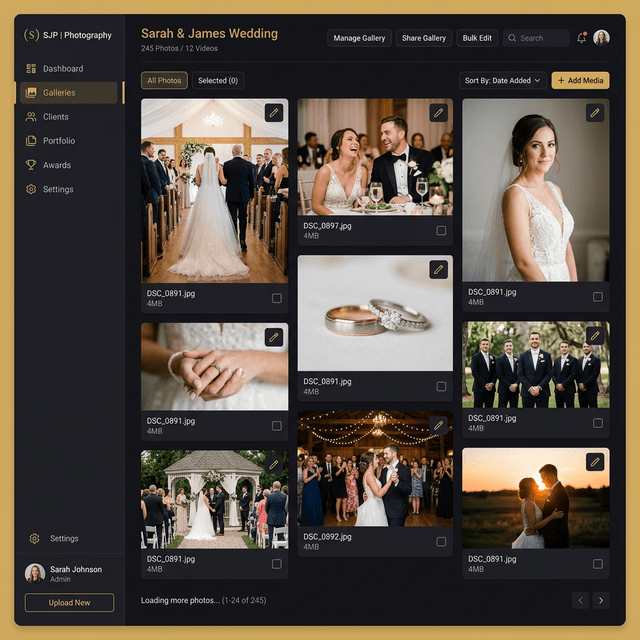 Gallery editor — manage photos, bulk edit, share with clients